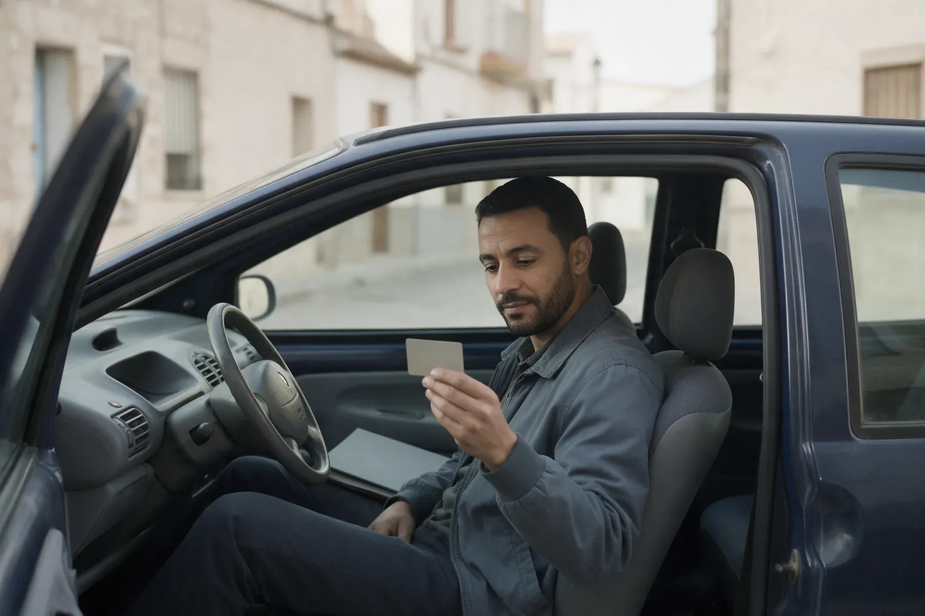 Hombre sentado en su coche aparcado mirando su carnet de conducir extranjero antes de canjearlo por el español