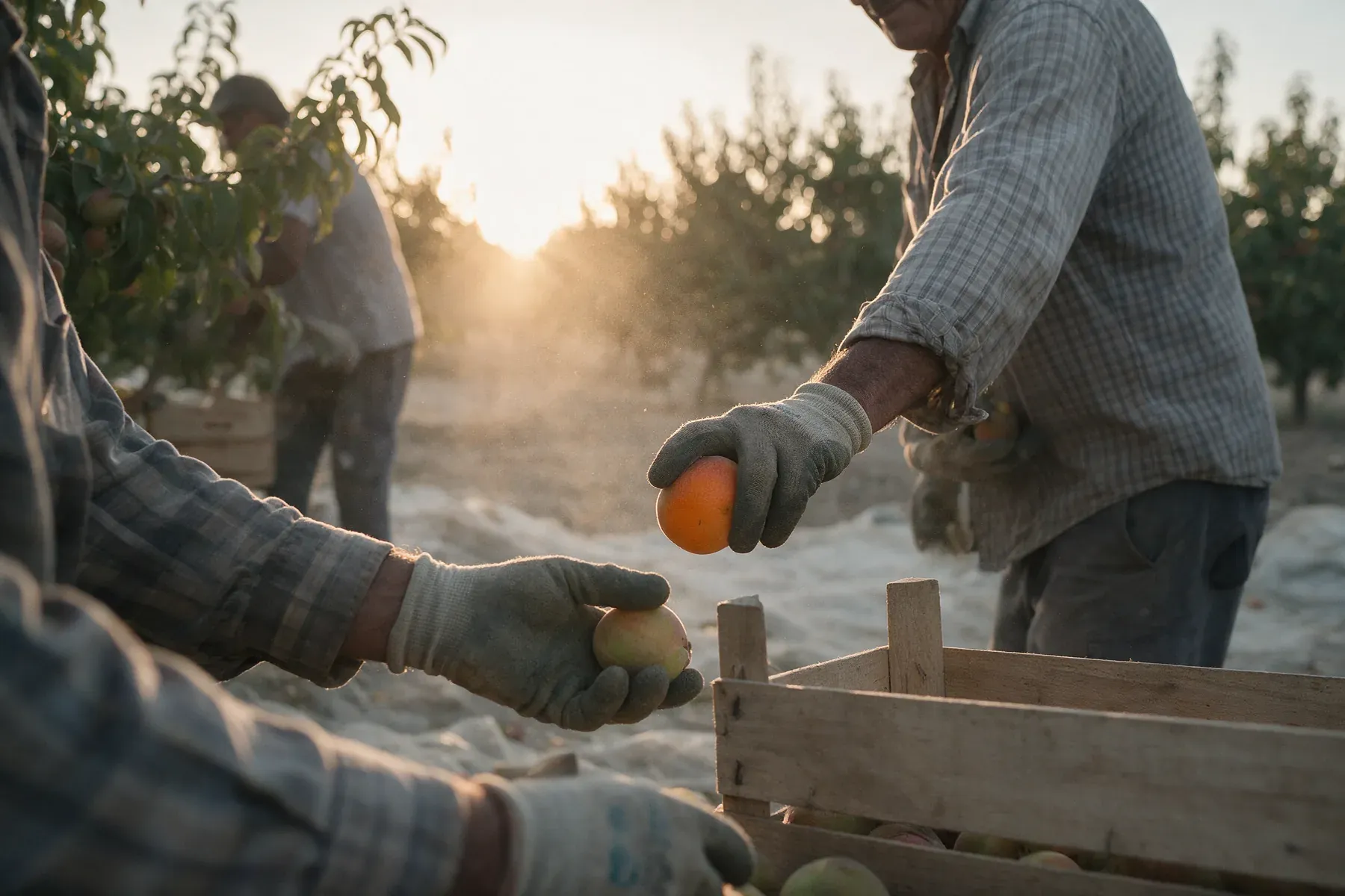 Manos con guantes recogiendo fruta en un huerto al amanecer durante una campaña agrícola