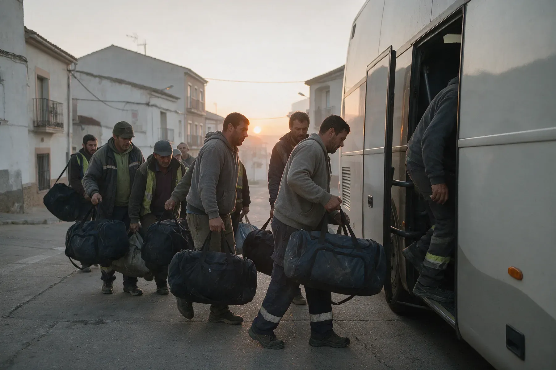 Grupo de trabajadores con bolsas subiendo a un autobús al amanecer en un pueblo español