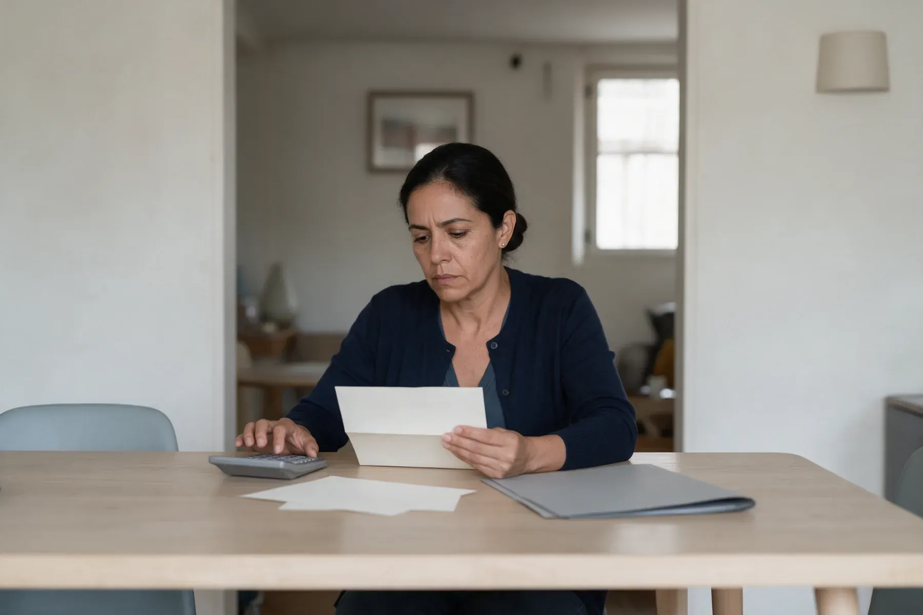 Mujer en la mesa de su casa leyendo la carta de despido mientras calcula su indemnización por despido improcedente