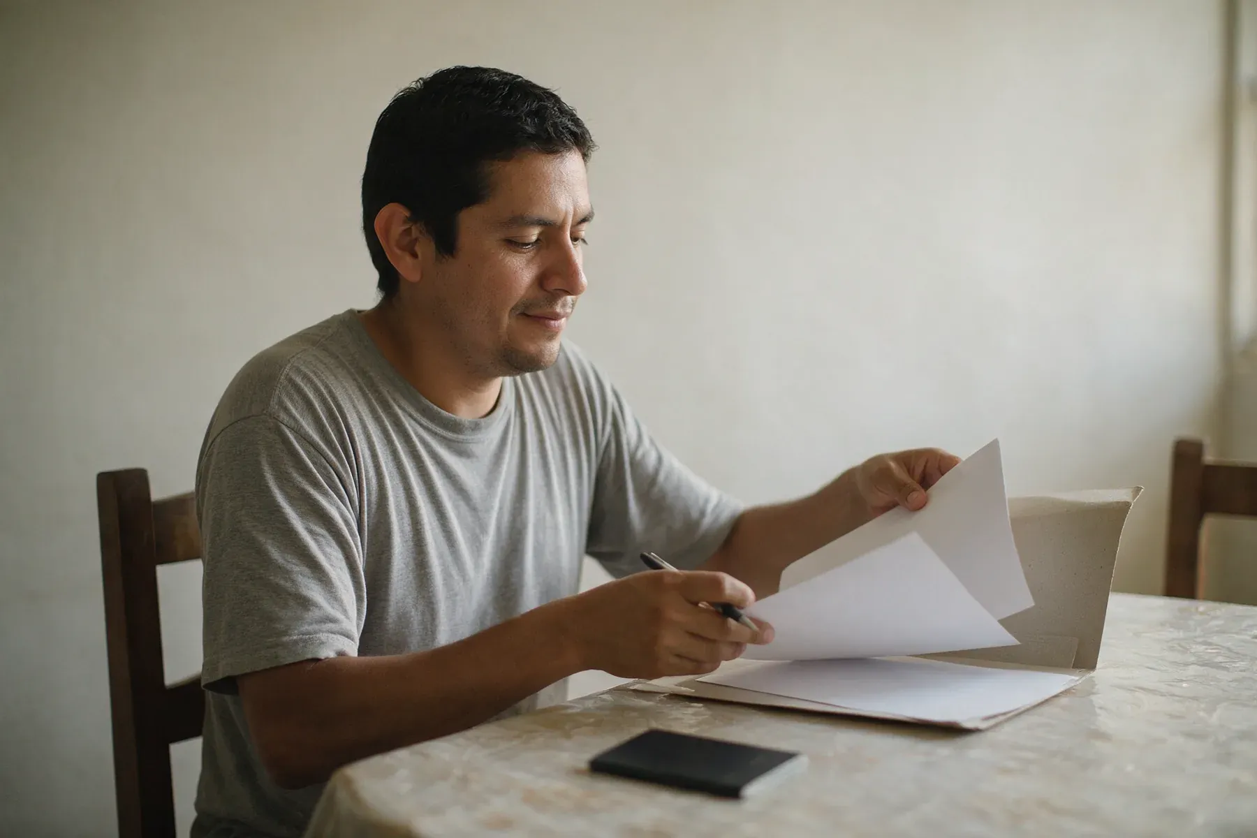 Hombre ordenando en casa, sobre la mesa, los papeles de la renovación del NIE en una carpeta