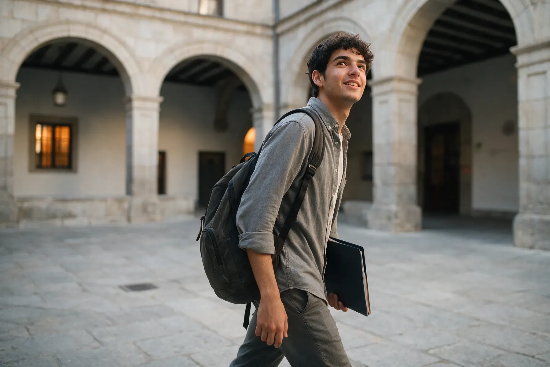 Estudiante internacional con mochila cruzando el patio de una universidad española